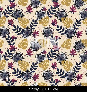 Nahtloses Blumenmuster, Vektor nahtloser Hintergrund mit sommerlichen exotischen Blättern. Vektorgrafik im organischen flachen Stil. Stock Vektor