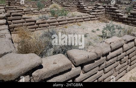 600 Jahre alter Lehmziegel aus den Ruinen von Kuaua Pueblo am Ufer des Rio Grande River in New Mexico. Stockfoto