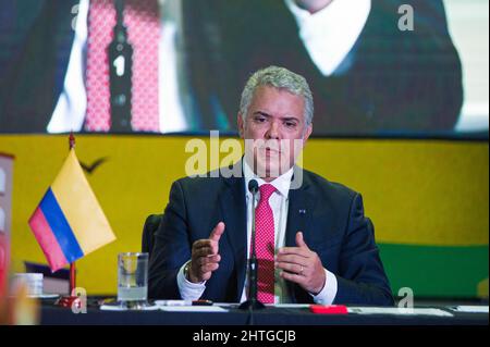 Der kolumbianische Präsident Ivan Duque Marquez hält eine Rede während der Eröffnungszeremonie der Woche der "Sicherheit der Mitländer" Semana de Seguridad Ciudadana 2022 in Bogota, Kolumbien, an der vom 28. Februar bis zum 3. März 26 Länder teilnehmen. Am 28. Februar 2022. Stockfoto