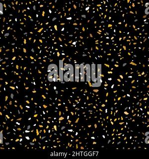 Schwarze Terrazzo-Textur Nahtloses Musterdesign mit Goldsteinen Stock Vektor