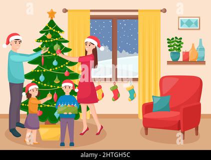 Glückliche Familie schmückt Weihnachtsbaum im Wohnzimmer. Mutter, Vater, Tochter und Sohn dekorieren Weihnachtsbaum, Vektor-Illustration Stock Vektor