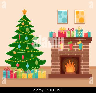 Weihnachtliche Zimmereinrichtung mit verzierten Tannenbäumen und Kamin, Vektorgrafik Stock Vektor