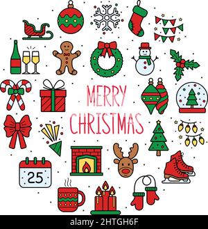 Weihnachten Hintergrund mit Symbolen. Frohe Weihnachtskarte. Vektorgrafik Stock Vektor
