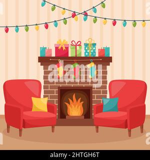 Gemütliches Wohnzimmer mit Kamin. Weihnachtlich dekoriertes Wohnzimmer. Vektorgrafik Stock Vektor
