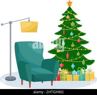 Weihnachtliche Zimmereinrichtung. Tannenbaum, Geschenke, Sessel und Stehlampe. Zimmer mit Neujahrsdecorated. Vektorgrafik Stock Vektor