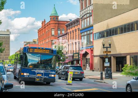 Öffentliche Busfahrten in der Innenstadt von Albany, New York State, USA. Stockfoto