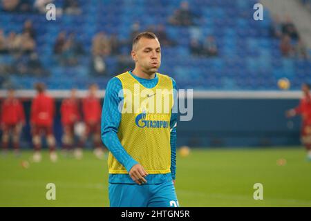 Sankt Petersburg, Russland. 28.. Februar 2022. Artem Dzyuba (Nr. 22) von Zenit reagiert während des Fußballspiels der russischen Premier League zwischen Zenit Sankt Petersburg und Rubin Kazan in der Gazprom Arena. Endergebnis: Zenit 3:2 Rubin. Kredit: SOPA Images Limited/Alamy Live Nachrichten Stockfoto