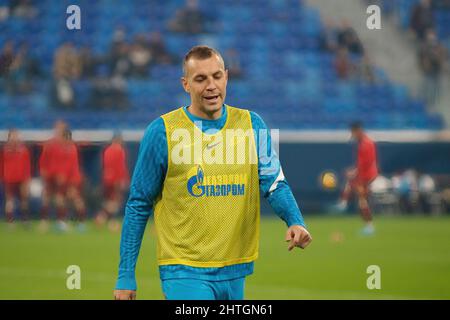 Sankt Petersburg, Russland. 28.. Februar 2022. Artem Dzyuba (Nr. 22) von Zenit reagiert während des Fußballspiels der russischen Premier League zwischen Zenit Sankt Petersburg und Rubin Kazan in der Gazprom Arena. Endergebnis: Zenit 3:2 Rubin. Kredit: SOPA Images Limited/Alamy Live Nachrichten Stockfoto