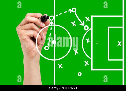 Trainer zeichnet Fußball oder Fußball-Spielbuch, Strategie und Taktik mit weißem Marker auf grünem Hintergrund. Stockfoto