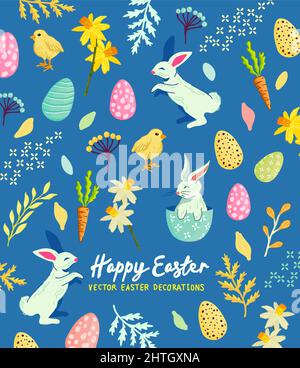 Osterfeiern Hintergrund mit Kaninchen, Eiern und Blumenmustern. Vektorgrafik. Stock Vektor