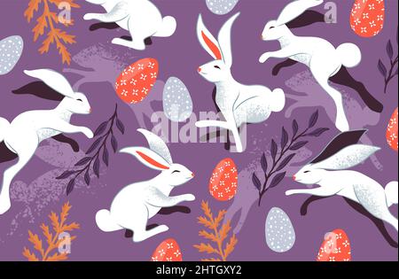 Kaninchen springen mit ostereiern und Dekorationen. Vektorgrafik Osterfrühlingszeit. Stock Vektor