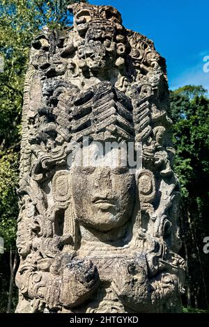 Stela Eine freistehende Skulptur in den Copan Mayan Ruinen, Copan Ruinas, Honduras Stockfoto