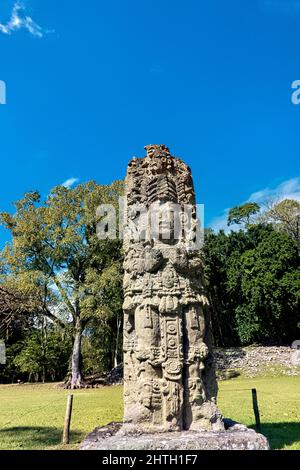 Stela Eine freistehende Skulptur in den Copan Mayan Ruinen, Copan Ruinas, Honduras Stockfoto