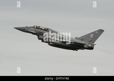 ZJ807, ein Eurofighter Typhoon T3, der von der Royal Air Force betrieben wird und die Farben des 29 Squadron (Typhoon OCU) trägt, auf dem Prestwick International Airport. Stockfoto