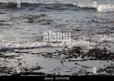 Verschwommener abstrakter natürlicher Hintergrund des Meerwassers mit Wellen und Schaum. Bewegungsunschärfe. Natur. Stockfoto