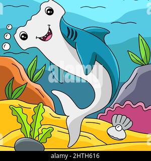 Hammerhead im Ozean Cartoon farbige Illustration Stock Vektor