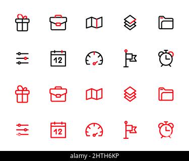 Symbole für einfache Benutzeroberfläche festgelegt. 10 Pixel perfekte, bearbeitbare Strichsymbole. Kalender, Geschenkbox, Tachometer, Folder, Flagge und Wecker Stock Vektor