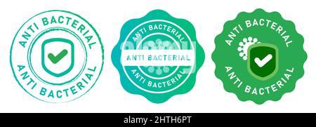 Antibakterielle Mikrobe Bakterienhygiene Bakterienschutz Symbol Schild getestet Häkchen Symbol Emblem Tag Design in grün Stock Vektor