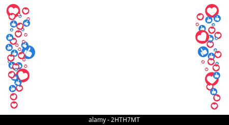 Mag Herzen und Daumen, die für Geschichten und Livestreams hochfliegen. Rahmen mit „Gefällt mir“- und „Daumen“-Symbolen für die Social-Media-benutzeroberfläche. Vector Illlustration isoliert in Stock Vektor