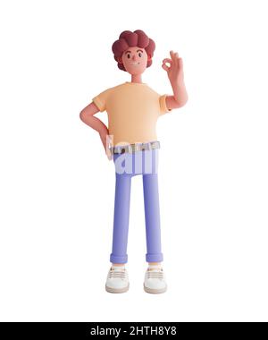 3D Abbildung eines glücklichen Mannes mit einer Geste in Ordnung auf Weiß. Termin, Projektgrenze, Aufgabenabgabetermine Konzept. Stockfoto