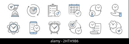 Zeitmanagement-Doodle-Symbole mit Uhr, Ausrüstung und Kalender. Vektor Handgezeichnete Symbole der Arbeitsorganisation mit Uhr, Alarm, Sanduhr, Telefon, Checkliste und Ziel isoliert auf weißem Hintergrund Stock Vektor