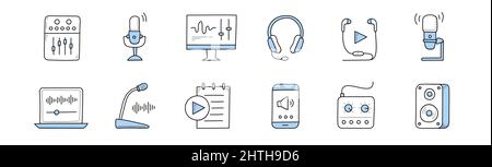 Podcast, Radiosendung und Musik-Doodle-Symbole. Equalizer, Mikrofon, Audio-Computerprogramm, Headset, Wiedergabelisten-Anwendung, Laptop mit Schallwelle, Telefon und Dynamik, Linienkunst Vektorgrafik Stock Vektor