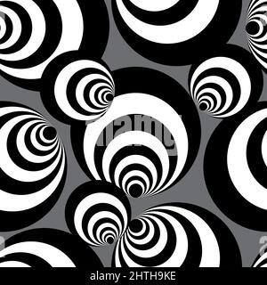 Nahtlose schwarz-weiße Spiralkugeln oder schwarz-weiße Kreis, Illusion nahtloses Muster, dunkelgrauer Hintergrund. Stockfoto