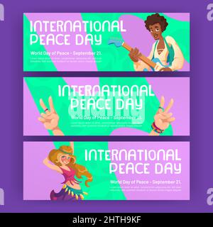 Internationale Friedenstag-Banner mit Hippie-Leuten und Handshows V Gesture. Vektor horizontale Plakate des globalen Tages friedliche Welt mit Cartoon-Mann mit Gitarre, Mädchen und Hand Zeichen mit zwei Fingern Stock Vektor