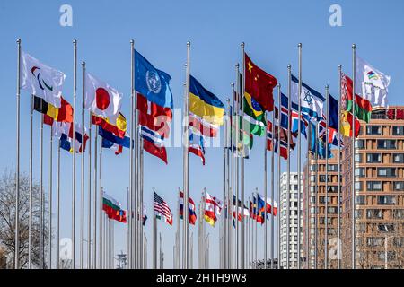 Peking, Hebei, China. 27.. Februar 2022. Nationale, olympische und paralympische Flaggen mit der ukrainischen Flagge fliegen am 28. Februar im Paralympischen Dorf in Peking. (Bild: © Mark Edward Harris/ZUMA Press Wire) Stockfoto