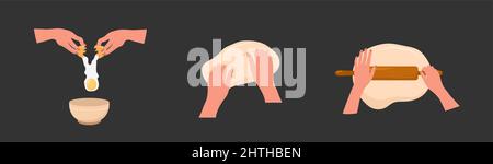 Kneten der Teighände. Frau, die Zutaten in einer Schüssel mischt und hausgemachten Teig mit Nudelholz rollt. Draufsicht. Bleiben Sie zu Hause und kochen gesunde Lebensmittel nach Rezept Stock Vektor