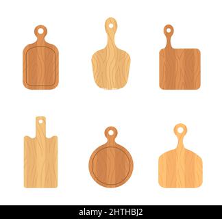 Set aus Holzschneidebrettern. Küchengeräte in verschiedenen Formen. Draufsicht. Vektor-Illustration im flachen Cartoon-Stil Stock Vektor