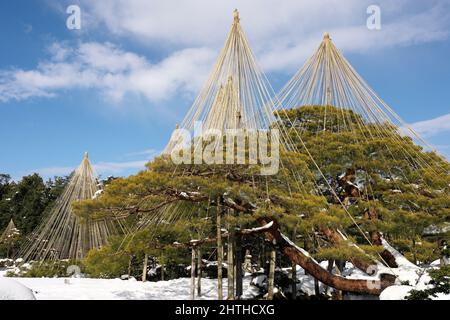 Ishikawa, Japan - 25. Februar 2022: Steinlaterne entlang des gefrorenen Kasumigaike-Teiches in Kenrokuen, einem der schönsten Gärten Japans, im Winter Mo Stockfoto