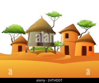 Hausweide aus Ästen. Afrika-Dorf. Ländliche Häuser aus Lehm und Stroh. Afrikanische Landschaft. Akazienbäume. Isoliert auf weißem Hintergrund. Vektor Stock Vektor