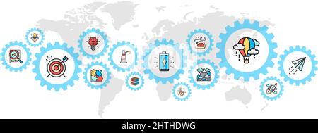 Kreatives Banner mit farbigen Web-Icons. Innovation, Startup, Artwork, Projekt, Idee Konzept Banner Hintergrund. Stock Vektor