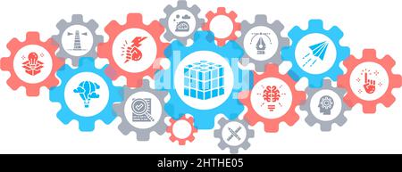 Kreative Landing-Page-Vorlage. Innovation, Startup, Artwork, Projekt, Idea Icons Bannerkonzept für Website und mobiles Design. Stock Vektor