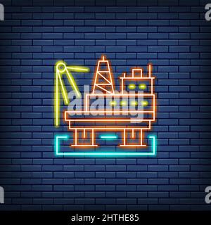 Vector Ölplattform im Meer, Brennstoff-Rig, Pumpstation Neon-Schild. Stock Vektor