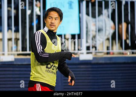 Malaga, Spanien. 28.. Februar 2022. Shinji Okazaki vom FC Cartagena gesehen während des LaLiga Smartbank 2021/2022 Spiels zwischen dem FC Malaga CF und dem FC Cartagena im La Rosaleda Stadium in Malaga(Endstand; Malaga CF 1:1 FC Cartagena) (Foto von Francis Gonzalez/SOPA Images/Sipa USA) Credit: SIPA USA/Alamy Live News Stockfoto