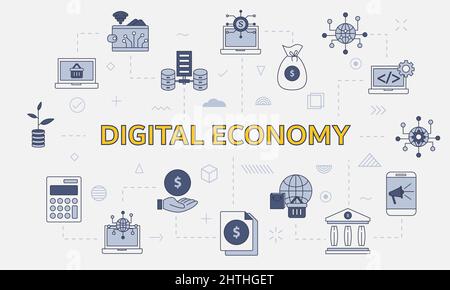 Digital Economy-Konzept mit Symbolsatz mit großem Wort oder Text auf Vektorgrafik in der Mitte Stockfoto