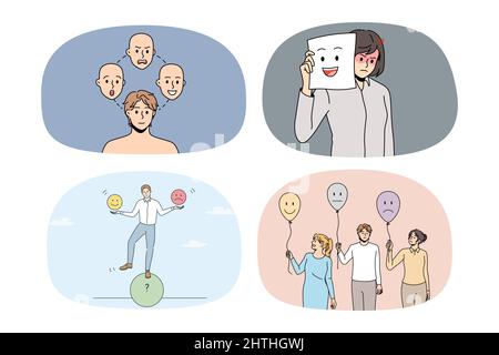 Eine Gruppe von verschiedenen Menschen mit unterschiedlichen Leerungen leiden unter einer bipolaren Störung oder Stimmungsschwankungen. Sammlung von Männern und Frauen kämpfen mit psychischen Problemen. Vektorgrafik. Stock Vektor