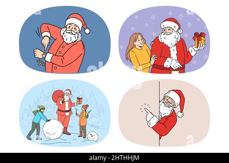 Set von lächelnden Weihnachtsmann gratulieren Gruß mit Neujahrsfeier. Sammlung von Happy Father Christmas Feiern Sie Winterferien. Frohe Ferien. Flache Vektorgrafik. Stock Vektor