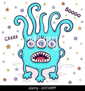 Niedliches Monster, lustige Zeichentrickfigur, bunte Handzeichnung. Fröhliches blaues Märchenwesen mit vielen Augen und Pfoten und einem verzackten Mund, der isoliert ist Stock Vektor