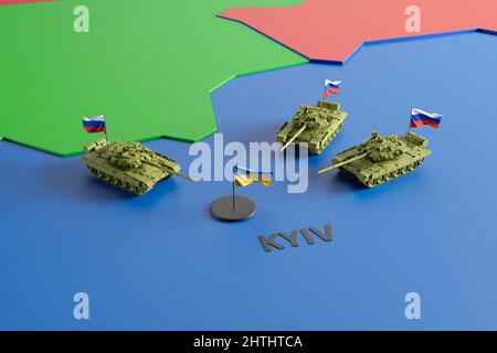 Russische Panzer und gepanzerte Fahrzeuge rund um die Stadt Kiew aka Kiew in der Ukraine. Ukraine-Kriegskonzept. 3D Rendern. Stockfoto