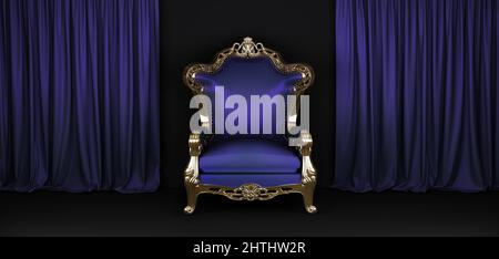 Sessel und Vorhänge in Violett mit schwarzem Kopierraum. 3D Rendern Stockfoto