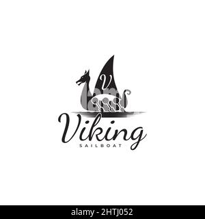 Vintage Vektor-Segel Wikingerschiff mit V Logo Design auf den Segeln Stock Vektor