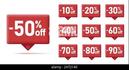 Verkauf Tag Sprechblase rot quadratische Form mit verschiedenen Rabatt-Set. 10, 20, 25, 30, 35, 40, 50, 60, 70, 80 und 90, 3D roter Tooltip mit Zeiger, isola Stock Vektor