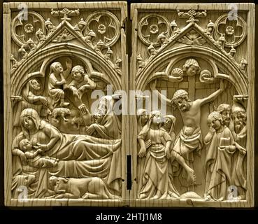 Diptychon mit der Jungfrau in Herrlichkeit und der Kreuzigung.1360-1380 Französisch, Frankreich, Elfenbein, Palazzo Madama, Casaforte degli Acaja, palace in Turin, Italien, Italienisch, Stockfoto