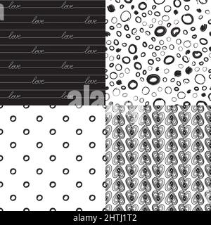 Nahtlose Muster mit Herzen und Liebe gesetzt. Vector Retro Polka Dot-Drucke. Illustrationen zum Valentinstag Stock Vektor