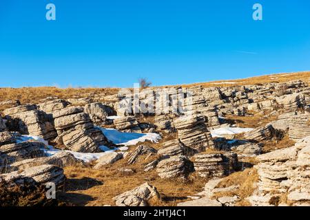 Karstformationen im Regionalen Naturpark Lessinia Plateau, Bosco Chiesanuova Gemeinde, Provinz Verona, Venetien, Italien, Südeuropa. Stockfoto