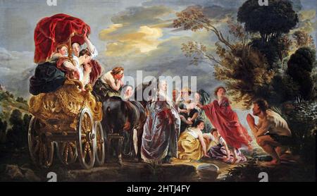 Das Treffen von Odysseus und Nausicaa c. 1640 von Jacob Jordaens 1593-1678. Flämischer Maler, bekannt für historische Gemälde, Genreszenen und Porträts. Führender flämischer Barockmaler nach Peter Paul Rubens und Anthony van Dyck. Stockfoto