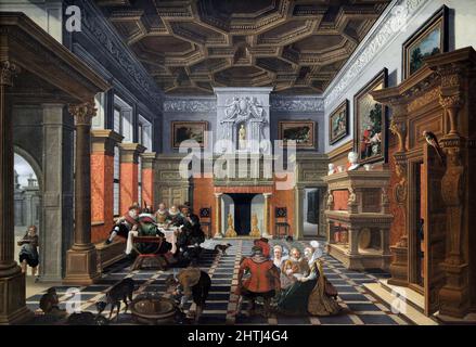 Interieur mit einer Kompanie (1622-1624) von Bartholomeus van Bassen (um 1590-1652) und Esaias van de Velde (1587-1630).Van Bassen malte den Innenraum und Van de Velde die Figuren. Stockfoto